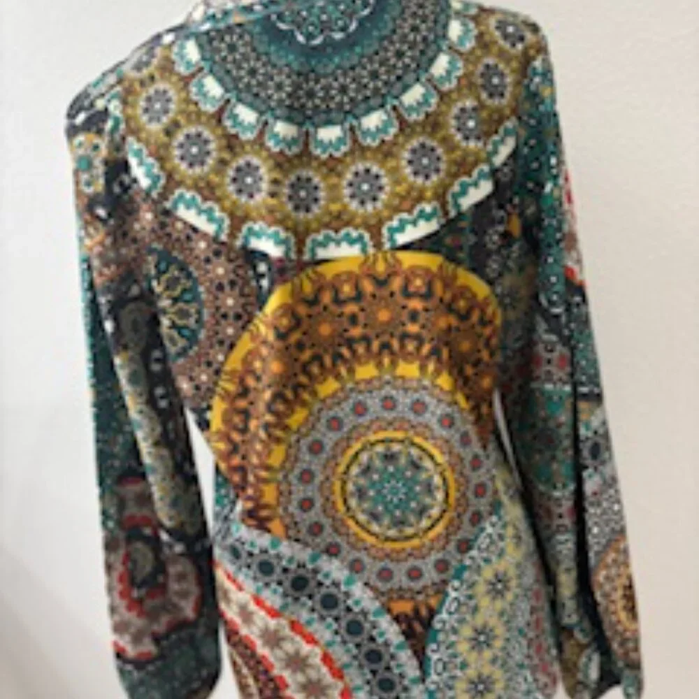 Multi-Colored Boho V-Neck Blouse, Size Small - Picture 6 of 8